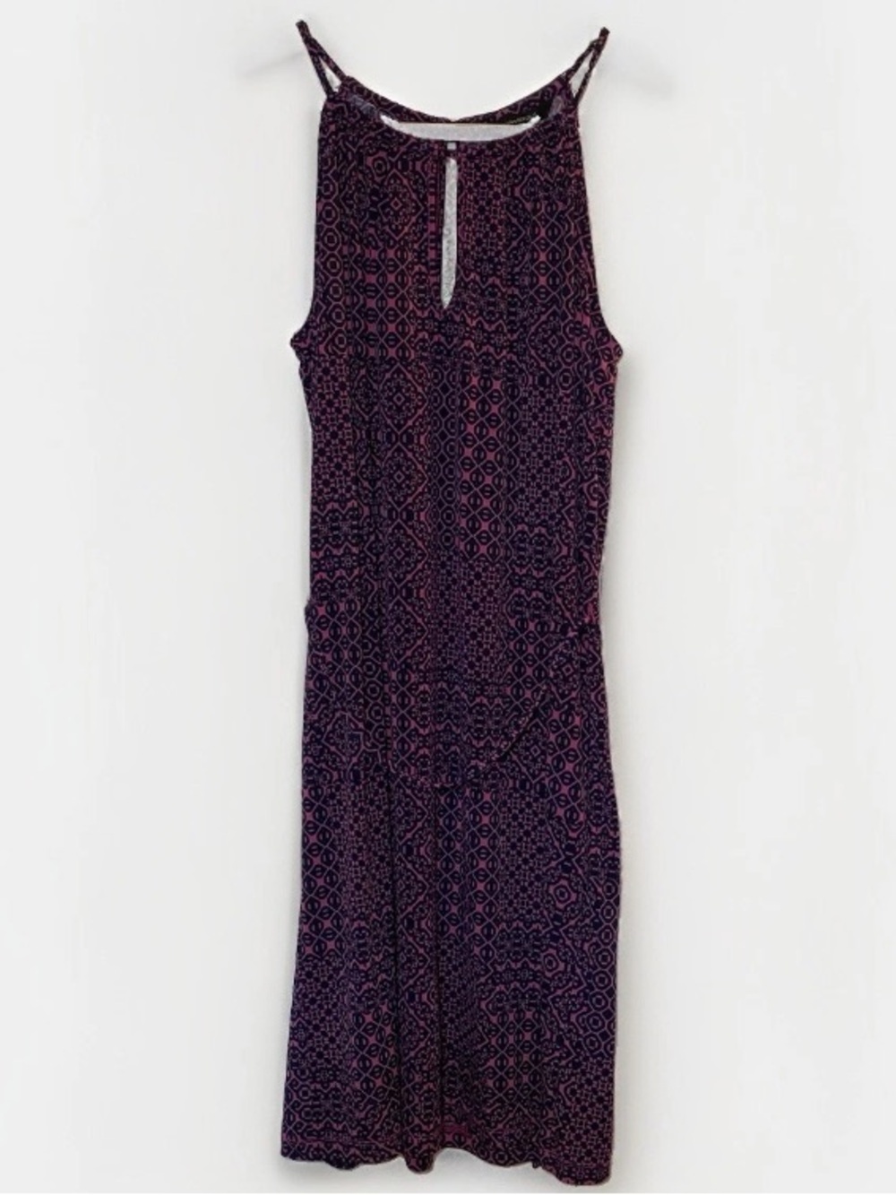 Banana Republic Small Dress Purple Halter Keyhole Sleeveless Geometric Midi